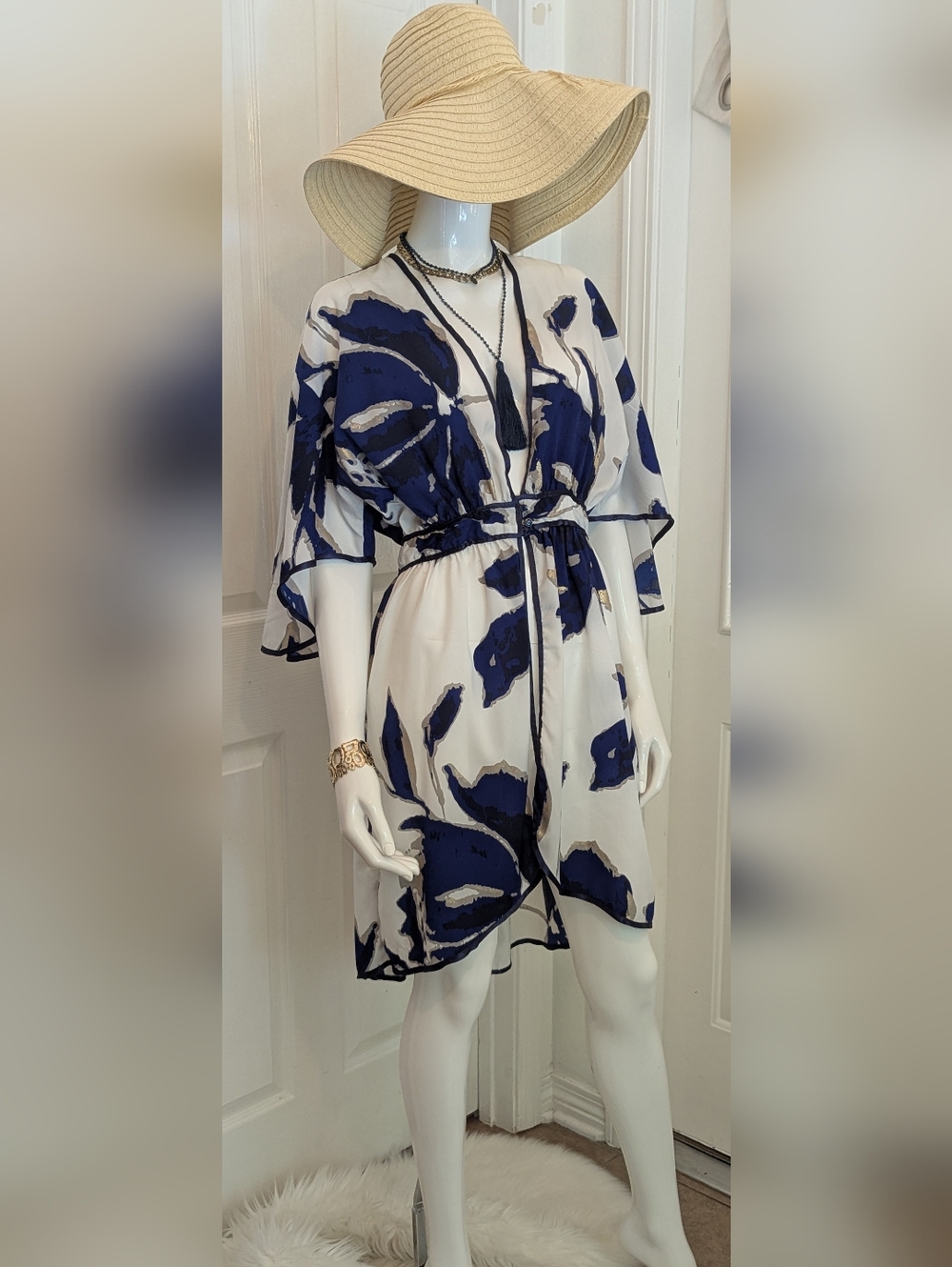 Blue White Metallic Gold Floral Cover Up With Buttons Small